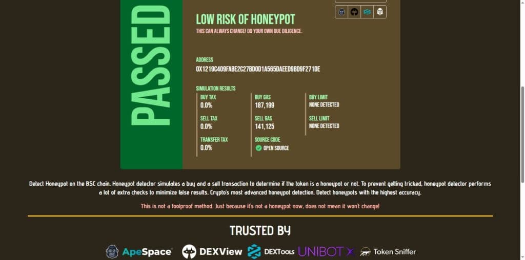 Honeypot dot is scan result for TAC token on BSC showing PASSED status low risk of honeypot with buy tax 0.0 percent sell tax 0.0 percent transfer tax 0.0 percent and source code open source