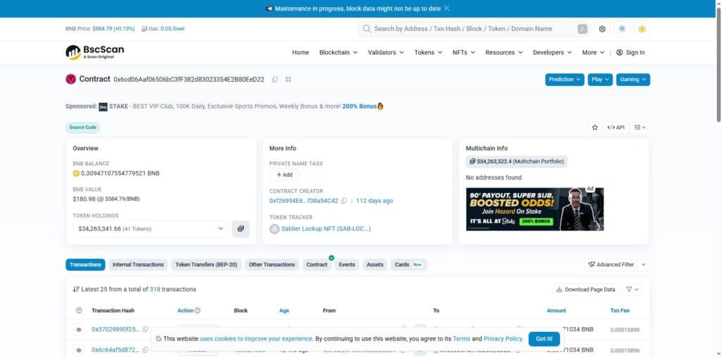 BscScan contract page showing the top TAC holder wallet identified as a Sablier Lockup NFT vesting contract holding 34.26 million dollars across 41 tokens with verified source code