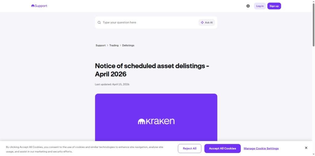 Kraken scheduled delisting notice April 2026