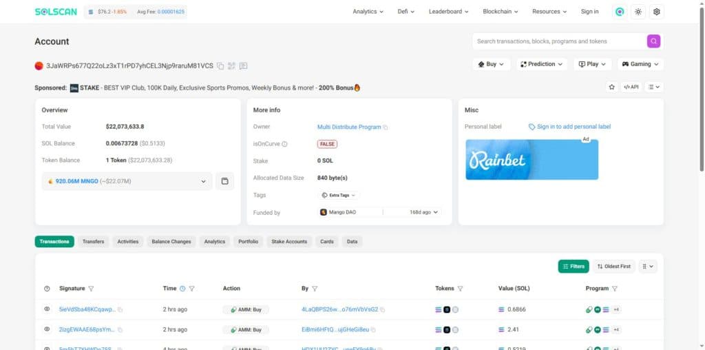 Solscan account page for the 87 percent MNGO holder wallet