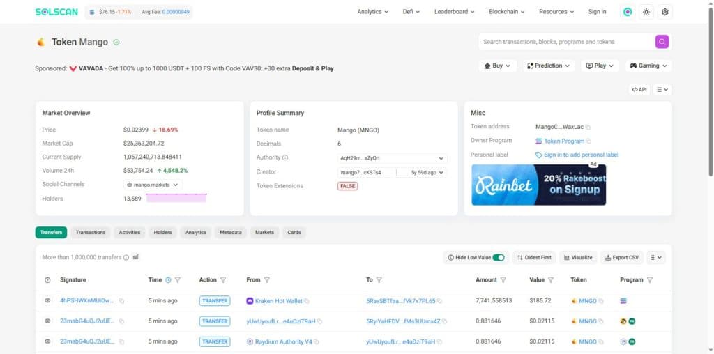 Solscan MNGO token transfer feed showing live Kraken Hot Wallet activity