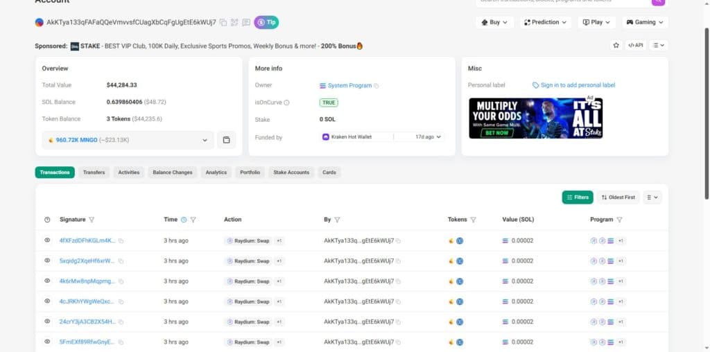 Solscan account overview for wallet AkKTya...kWUj7