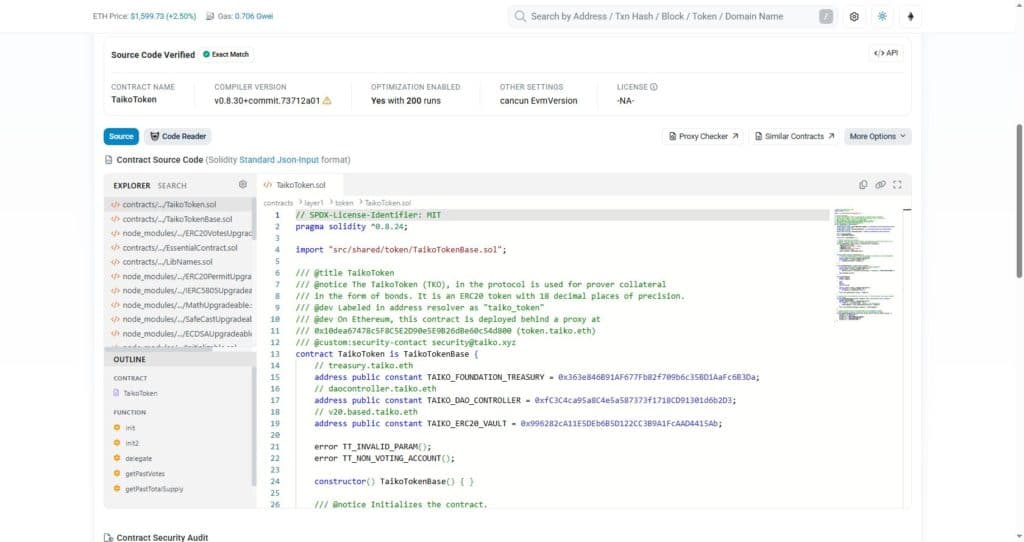 Etherscan verified source code for TaikoToken implementation contract showing init function minting 1 billion tokens once with no mint pause or blacklist functions present
