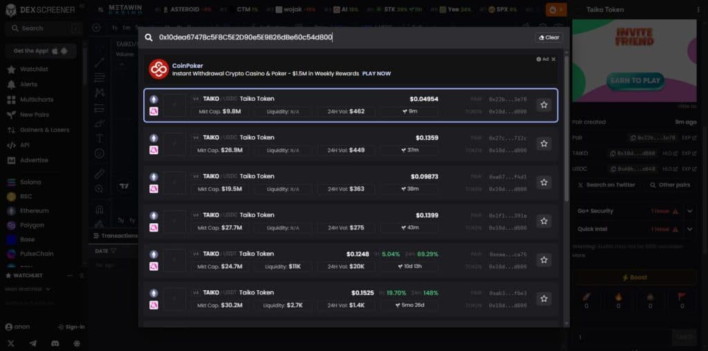 DEX Screener search results for the TAIKO contract showing all twelve trading pairs including four new near zero liquidity pools with inconsistent pricing
