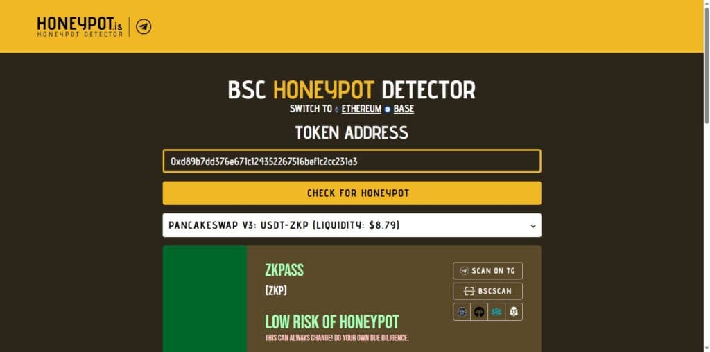Honeypot dot is scan result for zkPass BNB Chain contract showing PASSED status low risk of honeypot buy tax 0 percent sell tax 0 percent and 47 of 47 test holders able to sell