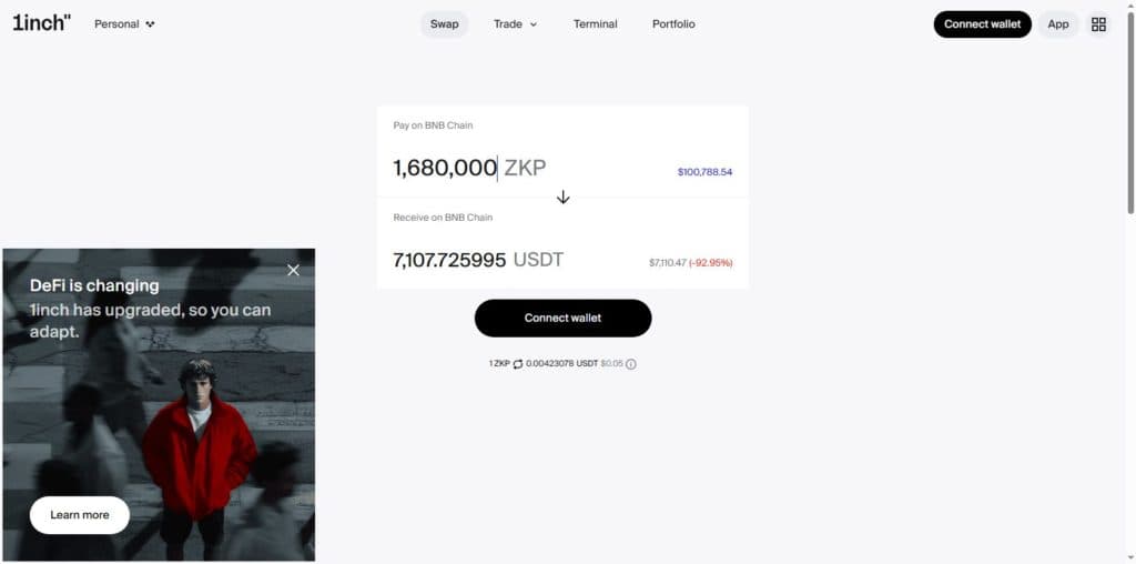 1inch swap interface showing a 1.68 million ZKP sell worth roughly 100000 dollars quoted with 92.95 percent price impact on BNB Chain