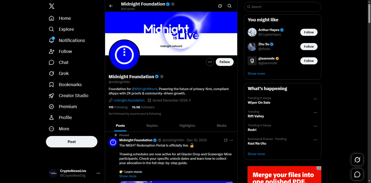 Midnight Foundation verified X account profile