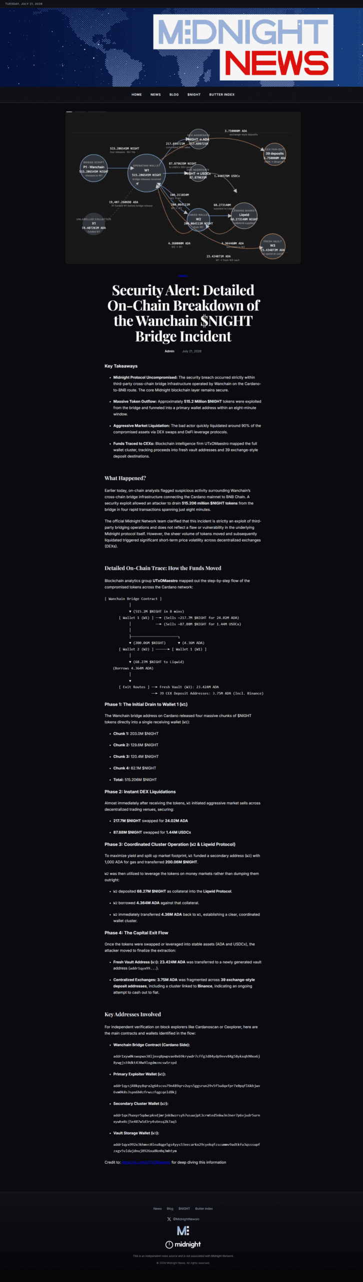 On-chain trace of the Wanchain NIGHT bridge incident showing wallet flow W1, W2, W3
