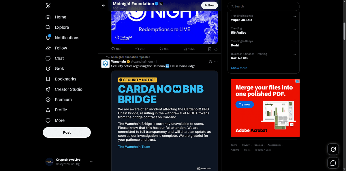 Wanchain official security notice on X confirming the bridge withdrawal and taking it offline