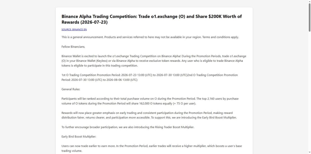 Binance official announcement of the o1.exchange O trading competition with buy only reward rules