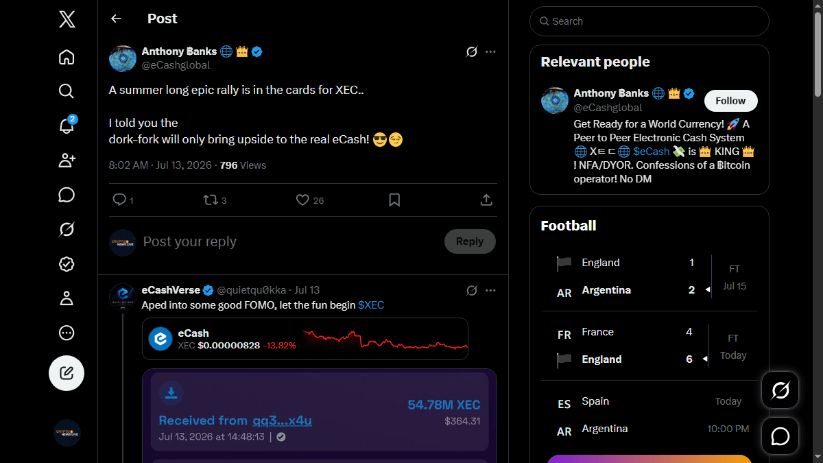 X post by Anthony Banks on July 13 2026 crediting the dork-fork for XEC upside with a reply saying aped into some good FOMO