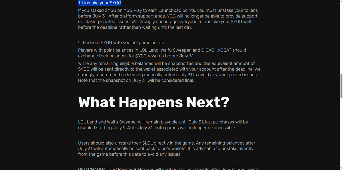 YGG Play Sunset Guide section instructing stakers to unstake all YGG before July 31