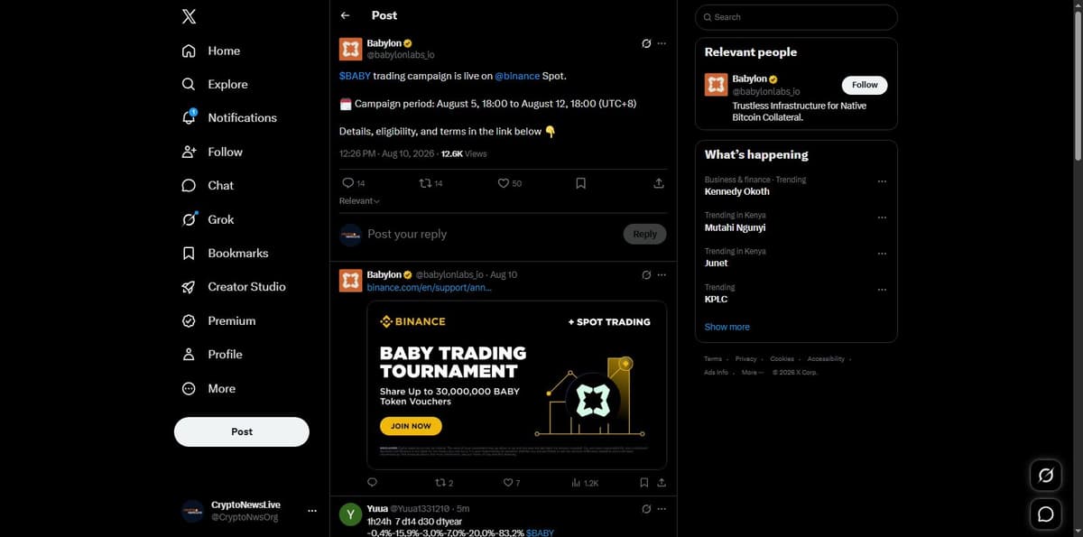 Babylon Labs official X post promoting the Binance BABY trading campaign