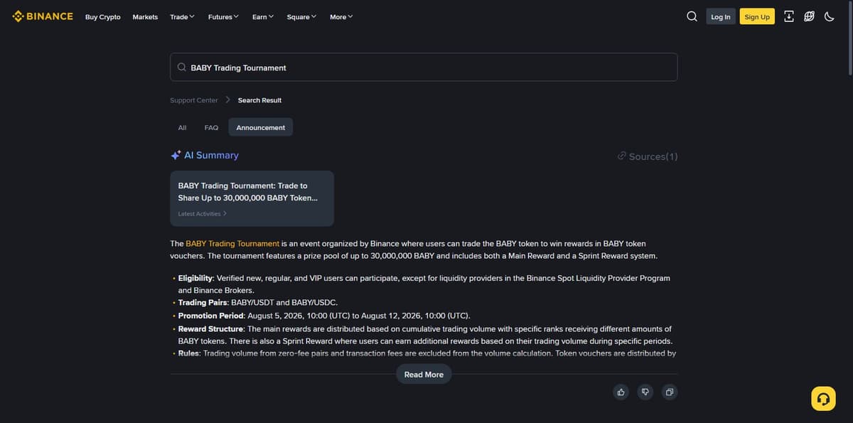 Binance support page confirming the BABY Trading Tournament promotion period