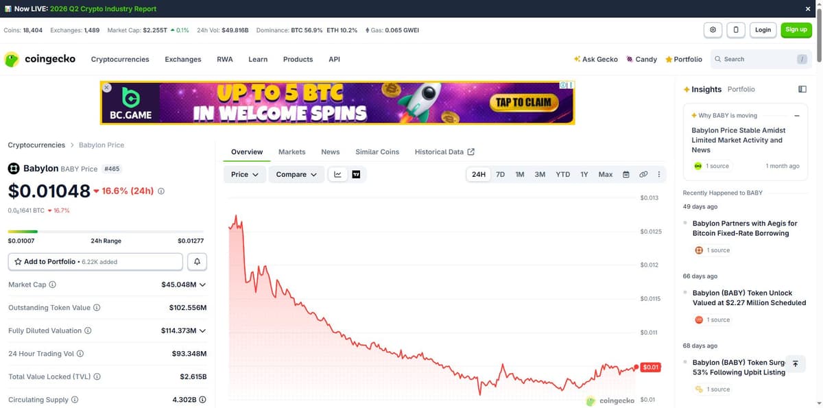 CoinGecko overview showing BABY price, 24 hour change, and market cap