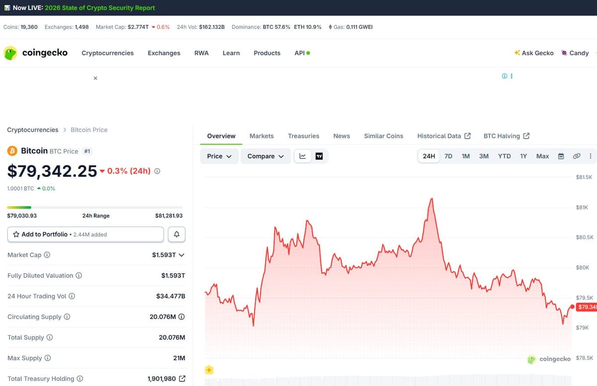 BTC/USD 24 hour chart showing price holding the $79,000 to $81,000 band