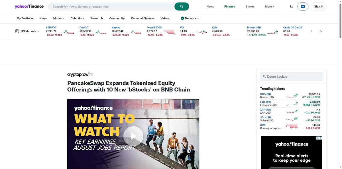 Yahoo Finance article on PancakeSwap listing 10 new bStocks tokenized equities on BNB Chain