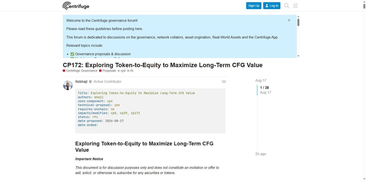 Centrifuge governance forum post CP172 proposing token to equity conversion
