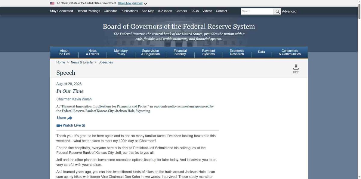 Federal Reserve Board official speech page, Chairman Warsh, August 28 2026 Jackson Hole remarks