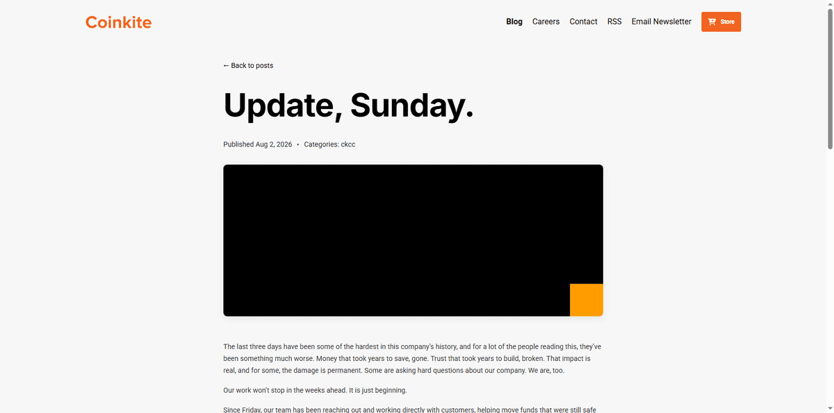 Coinkite's Sunday update blog post opening paragraph