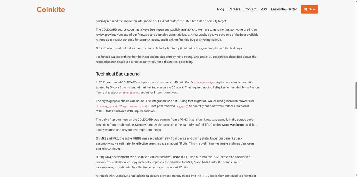Coinkite technical postmortem describing the RNG bug and its own AI code review