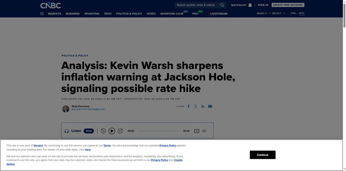 CNBC report on Kevin Warsh's hawkish Jackson Hole speech