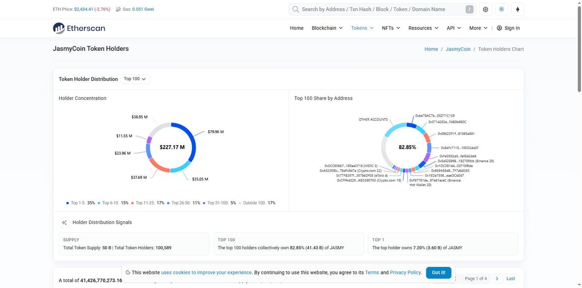 Etherscan holder distribution chart for JasmyCoin