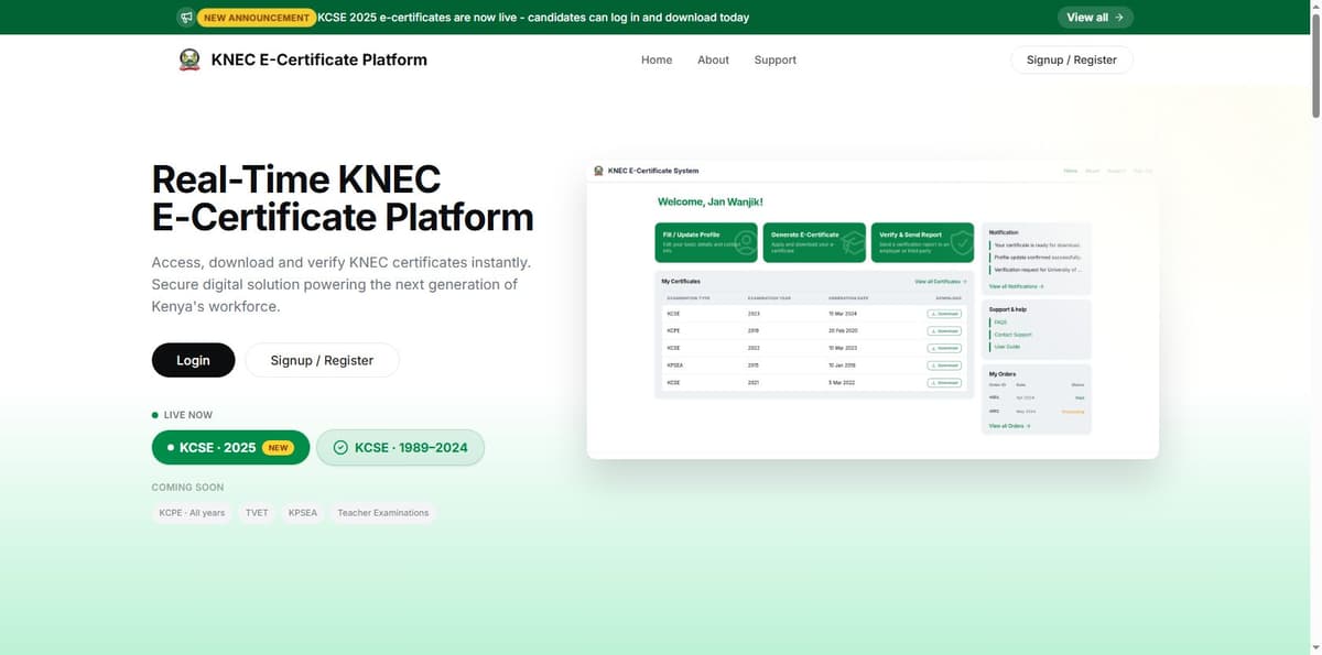 KNEC E-Certificate Platform homepage confirming the Avalanche blockchain deployment