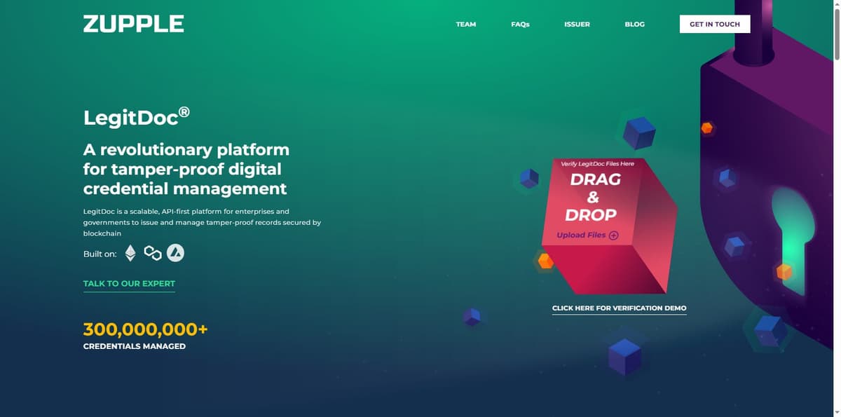 LegitDoc homepage showing its Ethereum, Polygon and Avalanche blockchain deployments