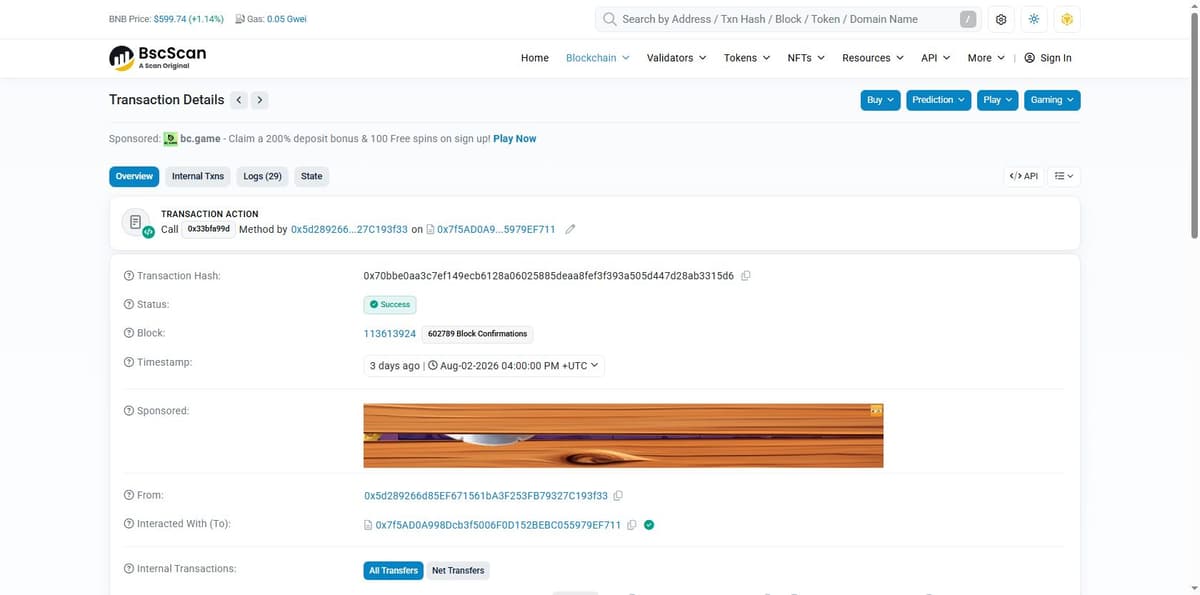BscScan transaction details confirming the LOOPSDAO exploit transaction