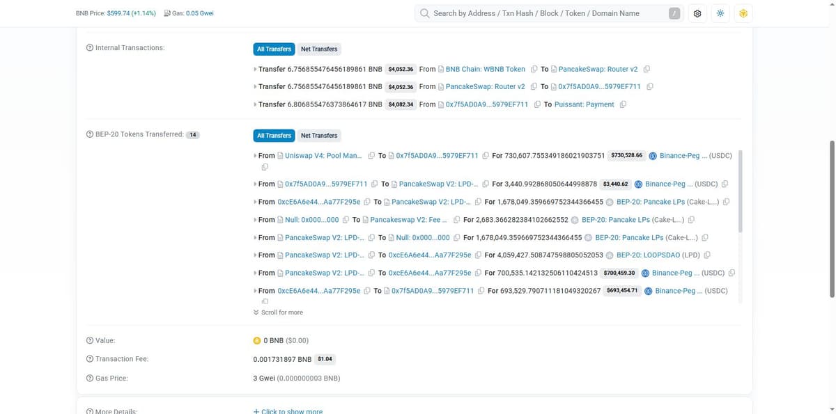 BscScan internal transactions showing the flash loan routed through Uniswap V4 and PancakeSwap