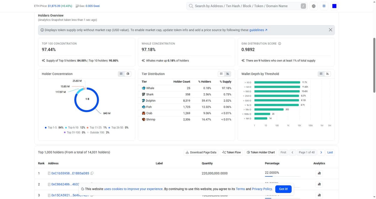 BaseScan holder concentration data for the O token contract