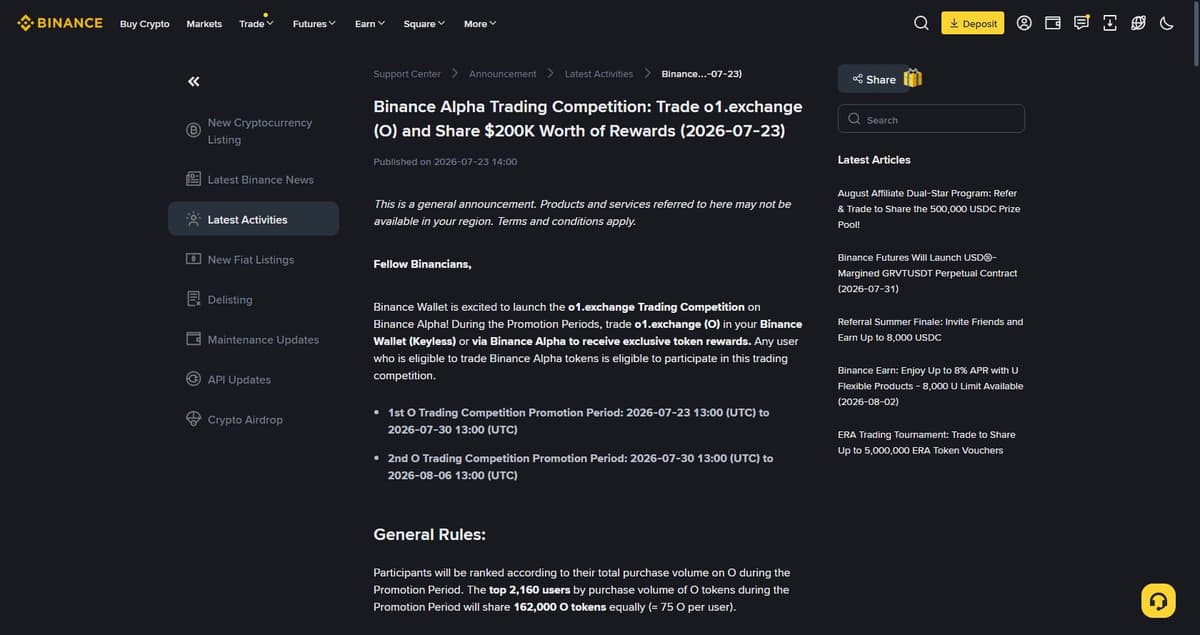 Binance's official announcement for the fourth O trading competition round