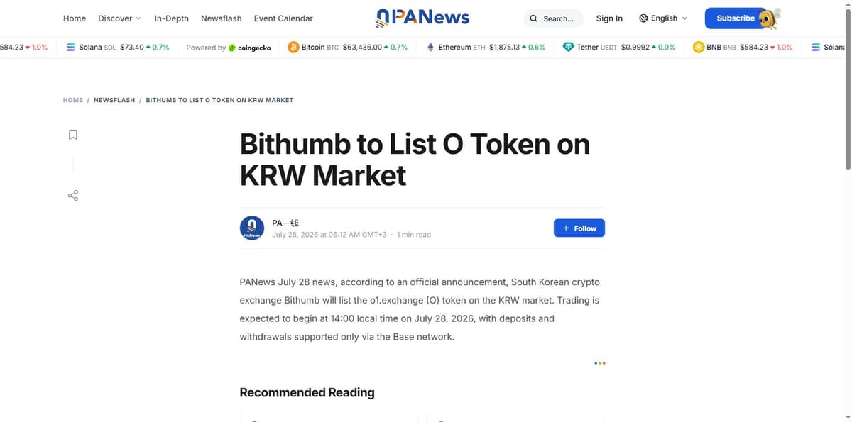 PANews report on Bithumb listing the O token on its KRW market