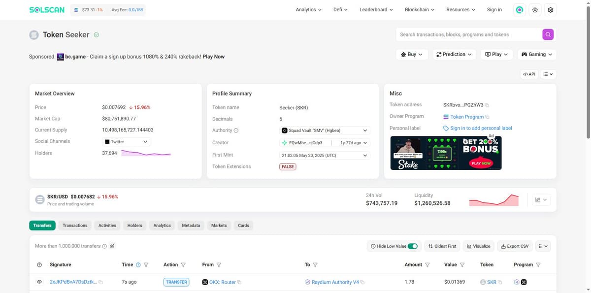Solscan token profile showing holder count and authority for SKR