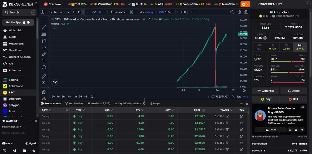 DexScreener daily chart for STY/USDT showing the July 30 crash and recovery