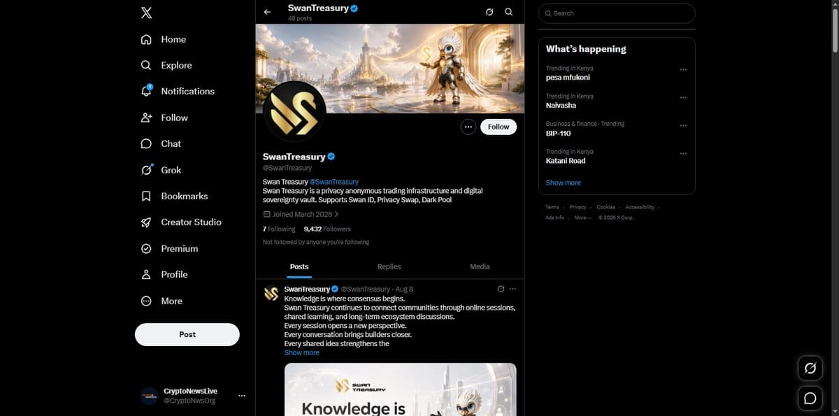 Swan Treasury's official X profile showing normal marketing posts with no direct acknowledgment of the hack