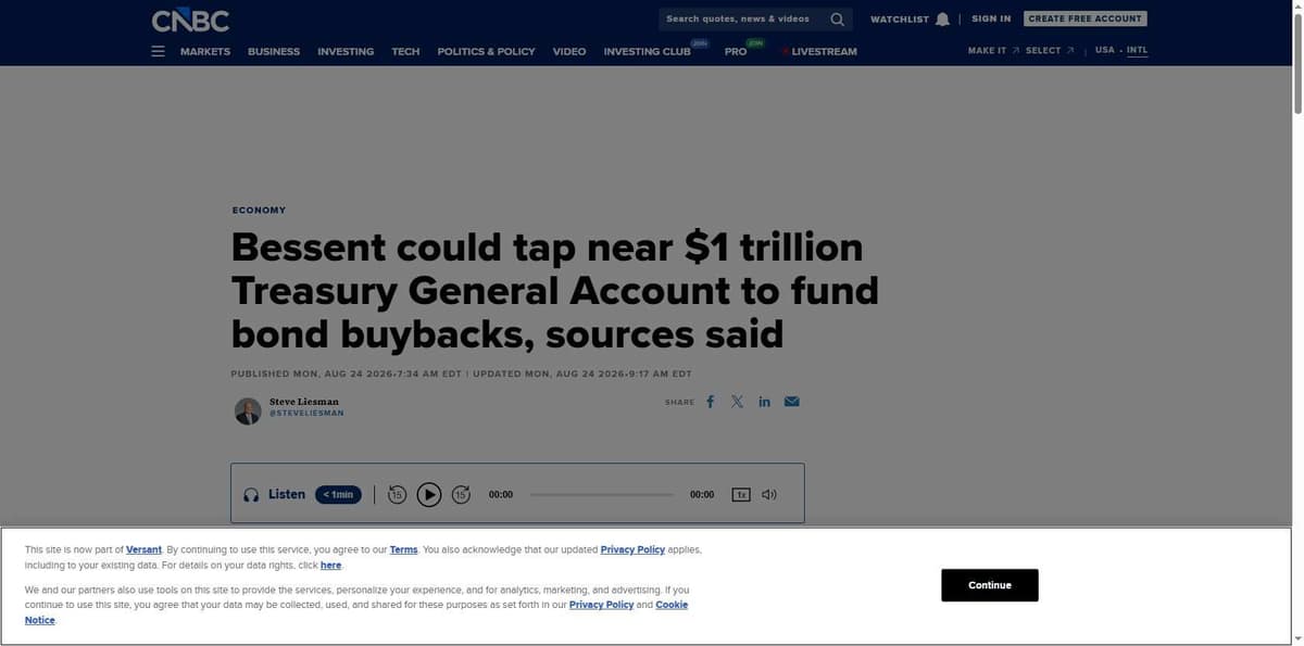 CNBC report on Treasury Secretary Bessent's near 1 trillion dollar Treasury General Account available for bond buybacks