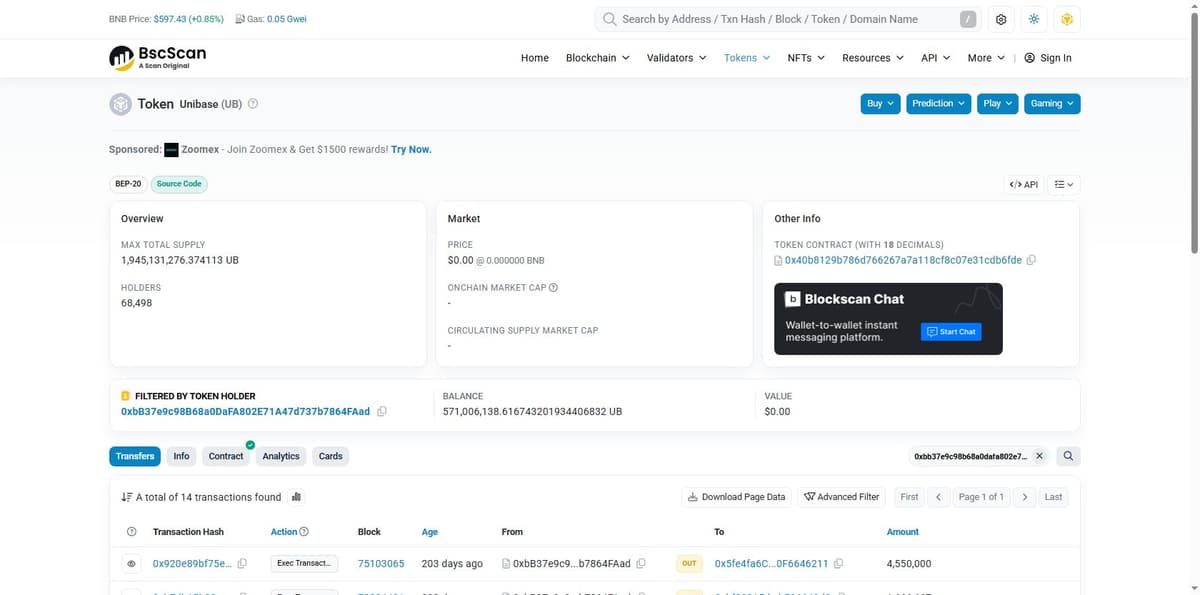 BscScan transaction history for Unibase's largest holder wallet showing no activity in 203 days