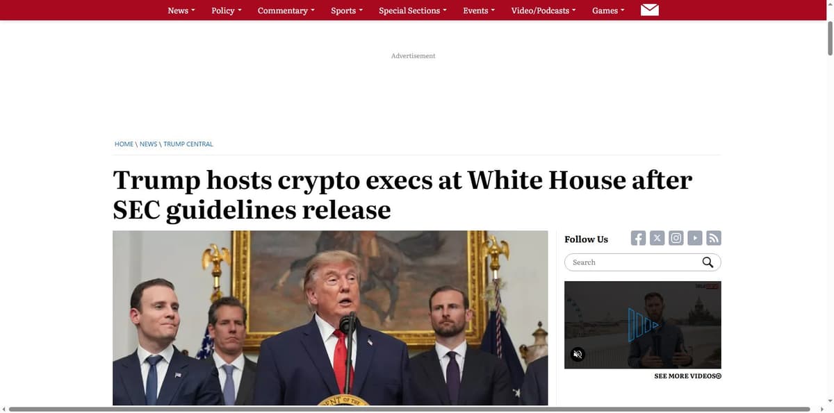 Washington Times report on Trump hosting crypto executives at the White House