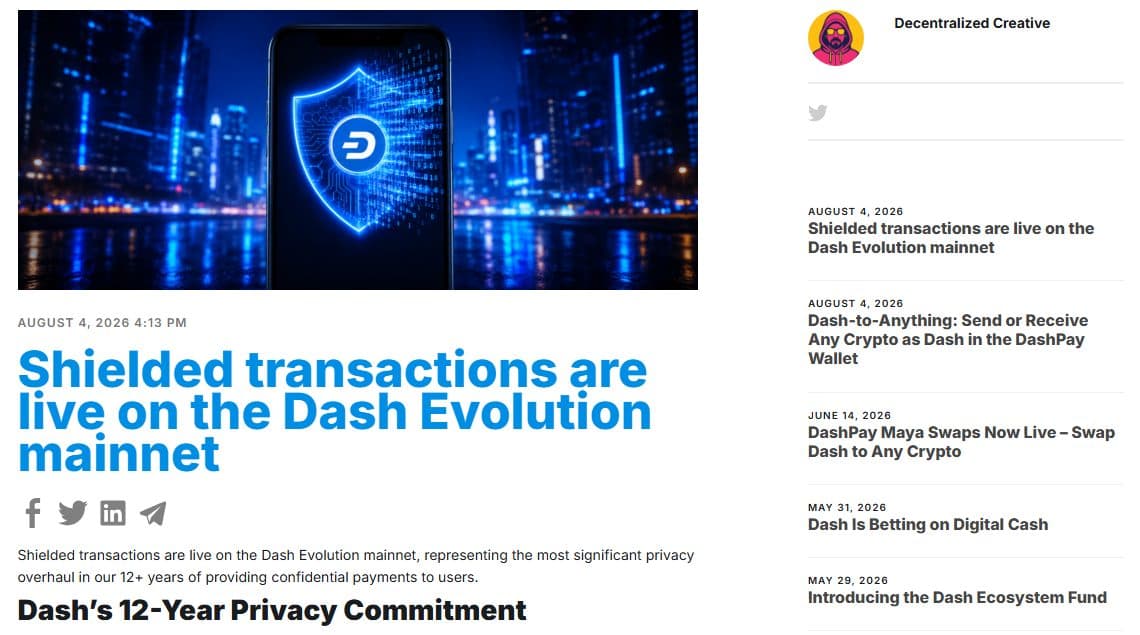 Dash news post dated August 4, 2026 announcing shielded transactions live on the Dash Evolution mainnet