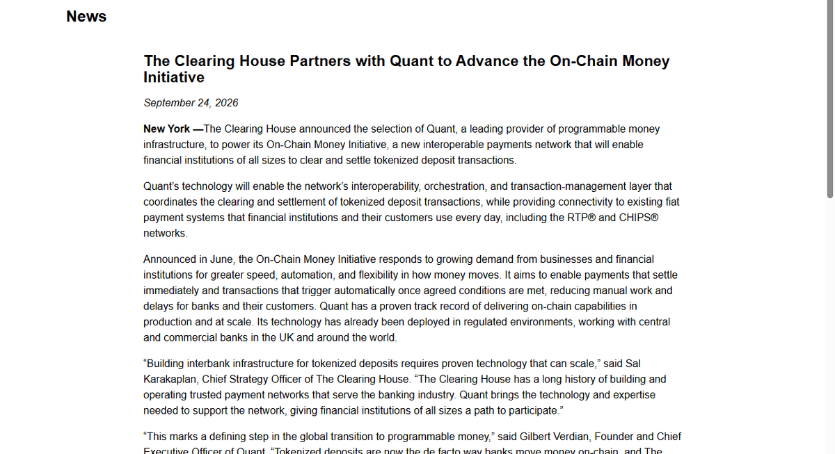 The Clearing House press release dated September 24, 2026 naming Quant for the On-Chain Money Initiative