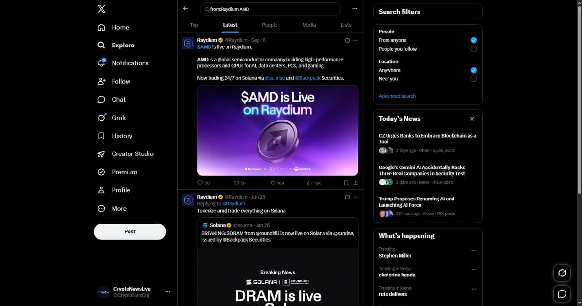 Raydium official X post announcing AMD tokenized stock listing