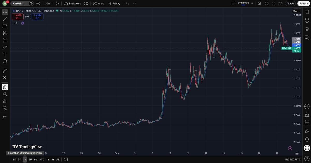 RAY/USDT 30-minute chart on Binance via TradingView, one-month view