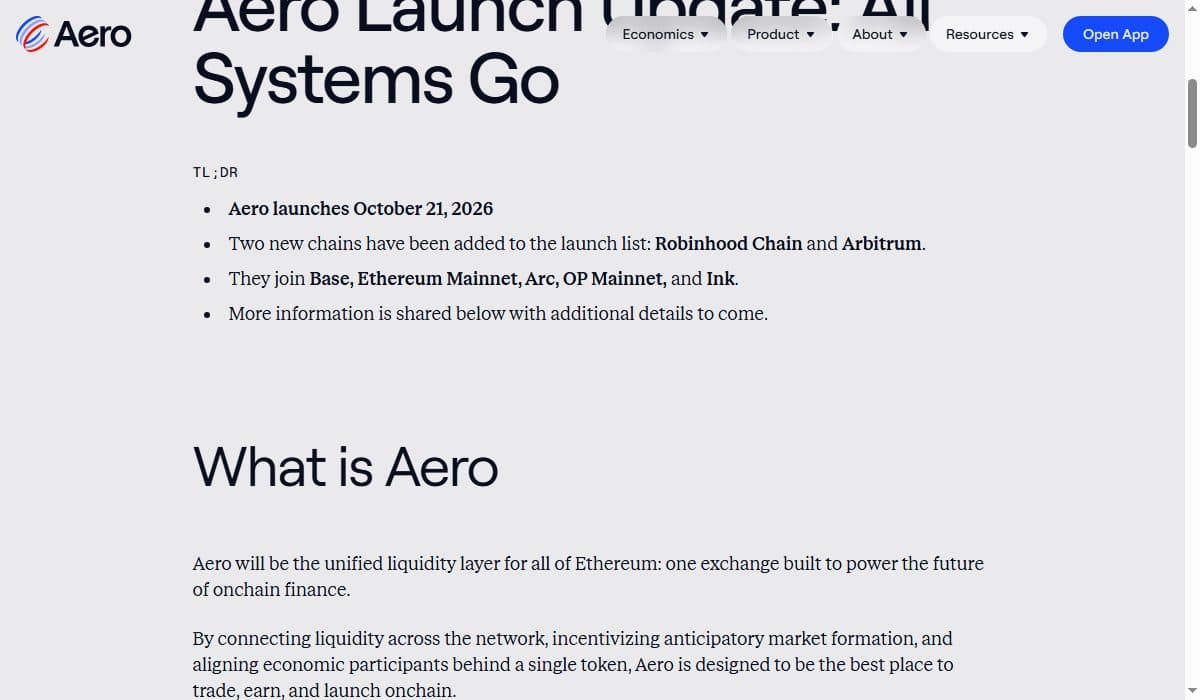 Aero launch update TL;DR naming October 21, 2026 and the added Robinhood Chain and Arbitrum