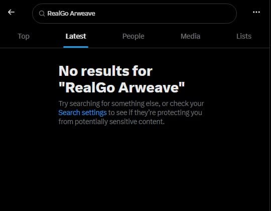 X search for RealGo Arweave returning no results