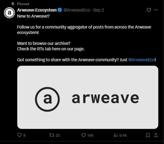 Arweave community account on X showing a pinned September 2 post and the most recent posts from August