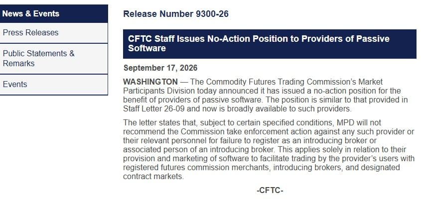 CFTC press release 9300-26, September 17, 2026, no-action position for providers of passive software