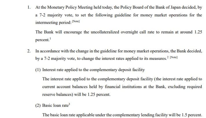 Bank of Japan September 18, 2026 statement: 7-2 vote, call rate guideline around 1.25 percent