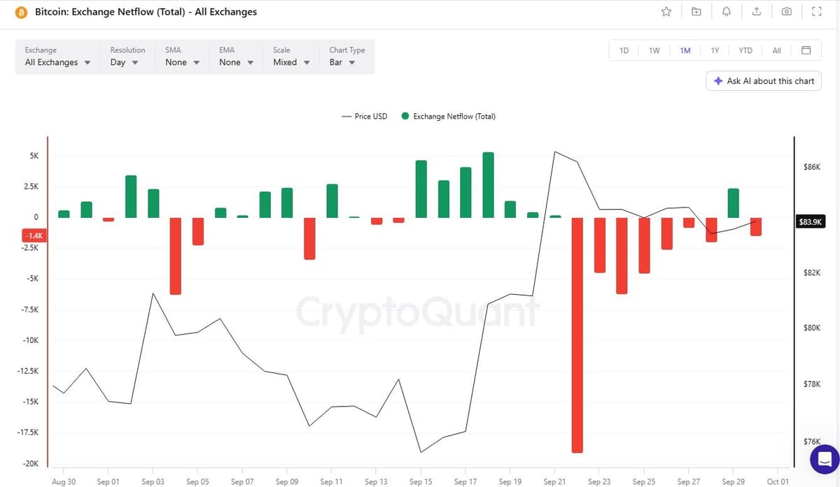 CryptoQuant Bitcoin exchange netflow total chart, one month